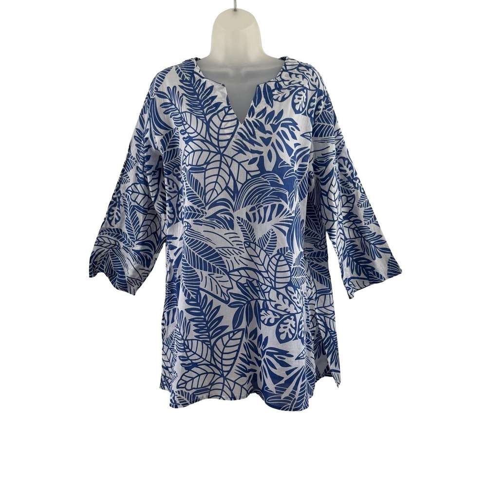 KikiSol Tunic Top Womens XL Blue White Leaf Print 100% Cotton Boho Tropical NWT
